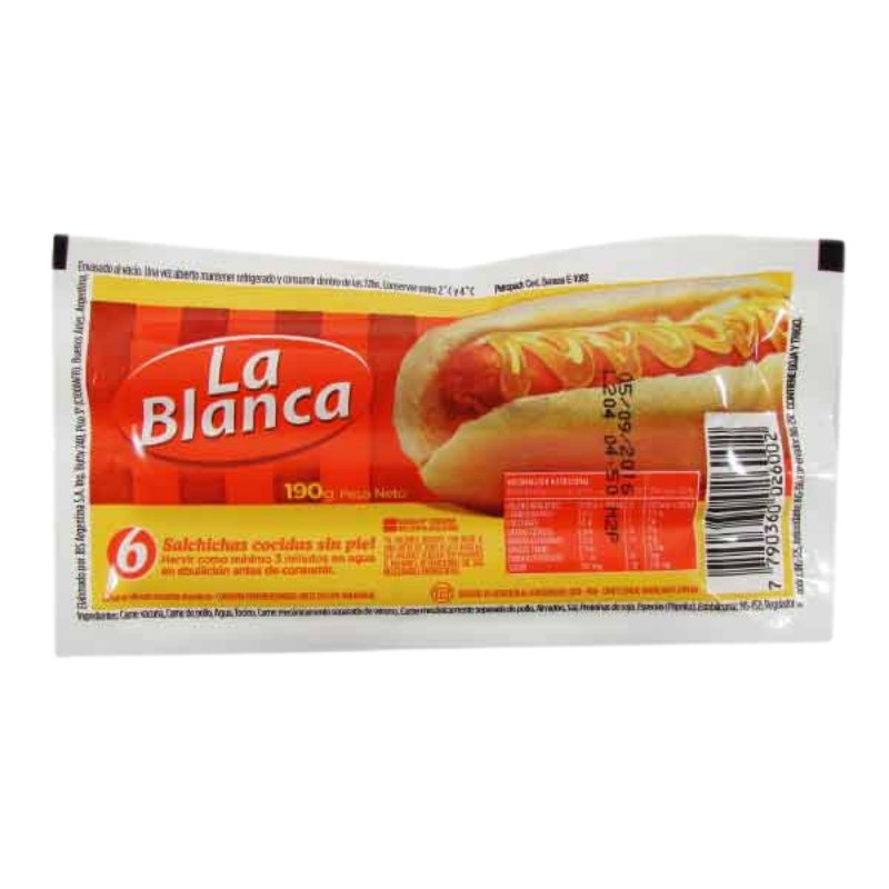 SALCHICHA SIN PIEL LA BLANCA 6U X 190 GRS BULTO 28 P