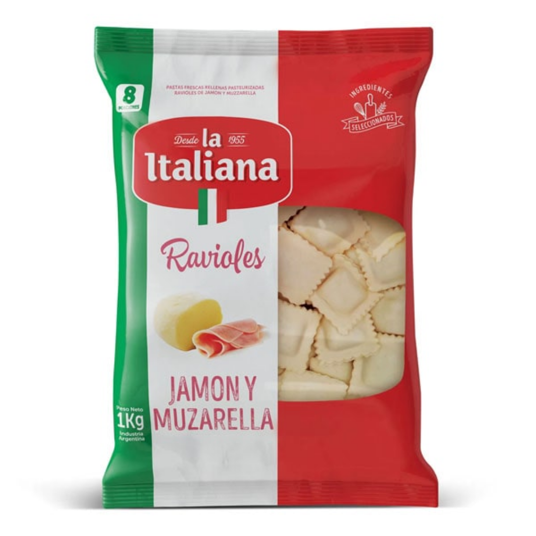 RAVIOLES JAMON Y QUESO LA ITALIANA 1 KG CAJA 12 UNID