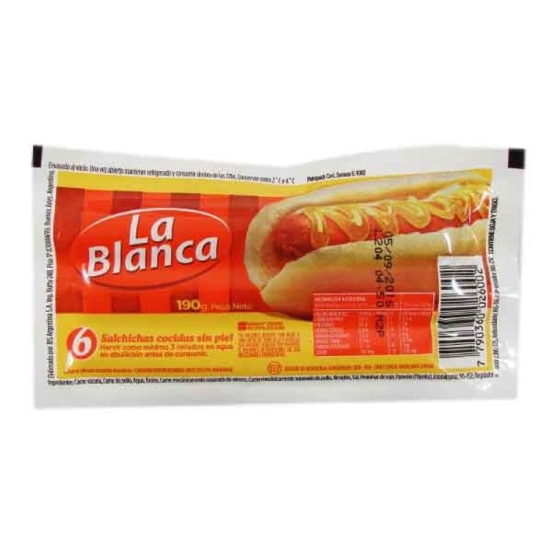 SALCHICHAS SIN PIEL LA BLANCA 6U X 190 GRS BULTO 24 P